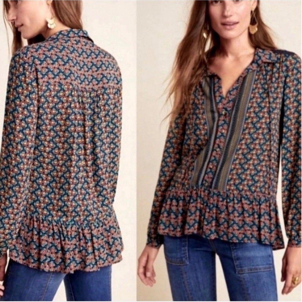 Maeve Anthropologie Floral Peplum Blouse Long Sleeve Button Front Multi Color 10